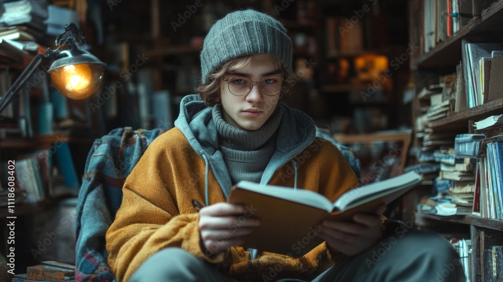 Poster a young individual sits in a warm, inviting library, engrossed in reading a book. the space is lined