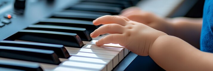 Obraz premium Joyful Piano Learning Experience - A child explores music with playful hands on piano keys, symbolizing creativity, learning, childhood, music appreciation, and artistic expression.