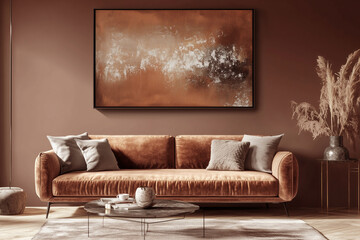 velvet sofa in muted mocha brown color with abstract muted mocha brown painting above, muted mocha brown wall, 2025 color
