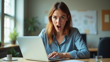 Obraz premium Frustrated woman shouting at laptop in modern office, showcasing intense emotions and challenges