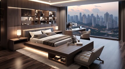 Cozy bedroom with geometric art soft textures and elegant minimalism depicted in a luxurious art deco style