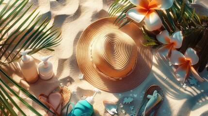 A summer beach flat lay with a straw hat sunglasses sunscreen a beach towel and seashells arranged on a sandy background.