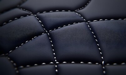 Close-up view of dark blue quilted leather upholstery.  Detailed stitching creates a diamond-patterned texture..