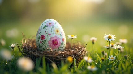 Obraz premium A close-up of a beautifully decorated Easter egg nestled in grass, surrounded by small wildflowers, capturing the essence of spring and the excitement of the egg hunt