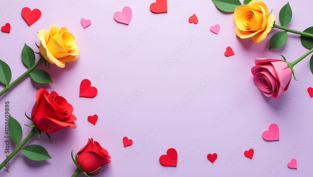 Poster vibrant roses and paper hearts scatter on a light lilac background leaving empty space for promotion