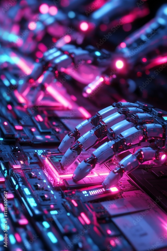 Poster robotic hands interact with glowing circuit board.