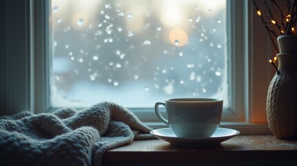 A cozy indoor scene featuring a warm cup of tea beside a frosted window, capturing the essence of winter blues and the comfort of staying warm indoors.