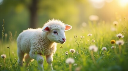 Obraz premium A fluffy lamb grazing in a lush green meadow, surrounded by wildflowers, embodying the essence of spring and innocence in a pastoral setting