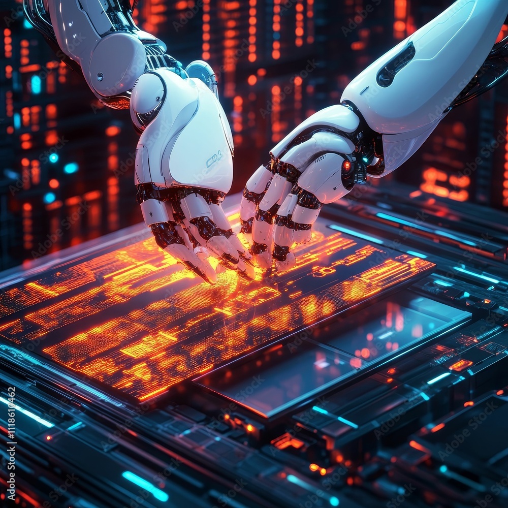 Poster robotic hands interact with glowing digital surface.