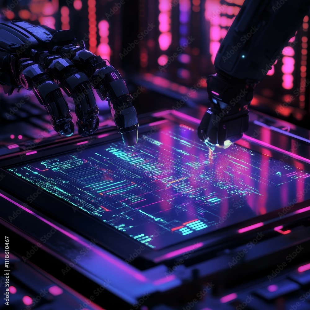 Poster robotic hands interact with glowing digital interface.