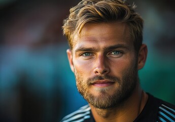 Obraz premium Captivating Portrait of a Young Male Athlete with Striking Blue Eyes and Stylish Blonde Hair, Perfect for Sports and Fitness Themes in Dynamic Environments