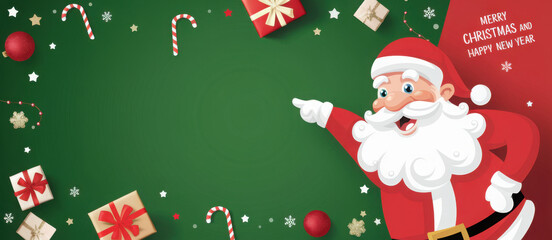 Merry Christmas banner with cute funny Santa Claus pointing to empty space