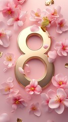 Golden Eight & Cherry Blossoms: A luxurious golden number eight rests amidst a delicate scattering of pink cherry blossoms.