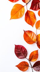 Autumnal Leaf Border: A vibrant collection of red, orange, and yellow leaves cascade down the frame, creating a stunning border against a crisp white background.