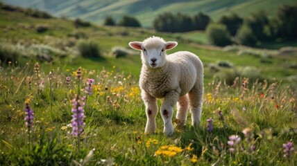 Obraz premium A fluffy lamb grazing in a lush green meadow, surrounded by wildflowers, embodying the essence of spring and innocence in a pastoral setting