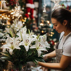  lily flowers and woman's hands