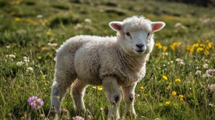 Fototapeta premium A fluffy lamb grazing in a lush green meadow, surrounded by wildflowers, embodying the essence of spring and innocence in a pastoral setting