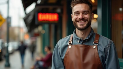 Fototapeta premium Happy Barber Standing Proudly in Front of Stylish New Barbershop