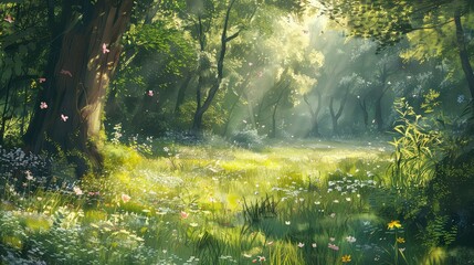 A clean and polished HD capture of a sunlit forest, presenting a minimalist and vibrant background for mockups.