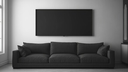 Modern minimalist living room interior with dark grey sofa and large blank screen TV on wall.