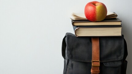 Backpack with books and apple.
