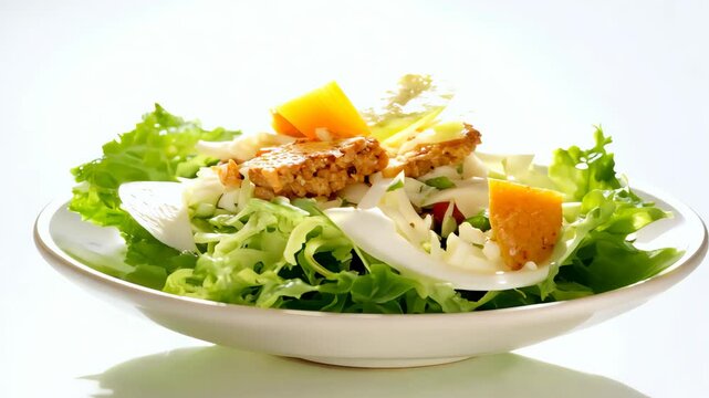 Fresh caesar salad assembly with crispy chicken, vibrant greens, and tangy dressing