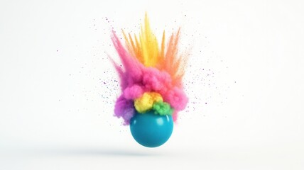 A vibrant explosion of colorful powder emanates from a blue sphere against a clean white background, creating a striking visual effect.