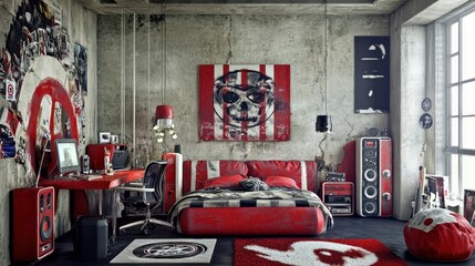 Urban, edgy, red bedroom with skull art, industrial style.