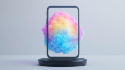 Fototapeta premium A sleek smartphone levitates above a base, surrounded by colorful, swirling smoke, creating a vibrant and modern visual effect.