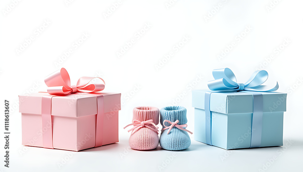 Poster pink and blue gift boxes with bows and knitted booties sit on an isolated white background with a de