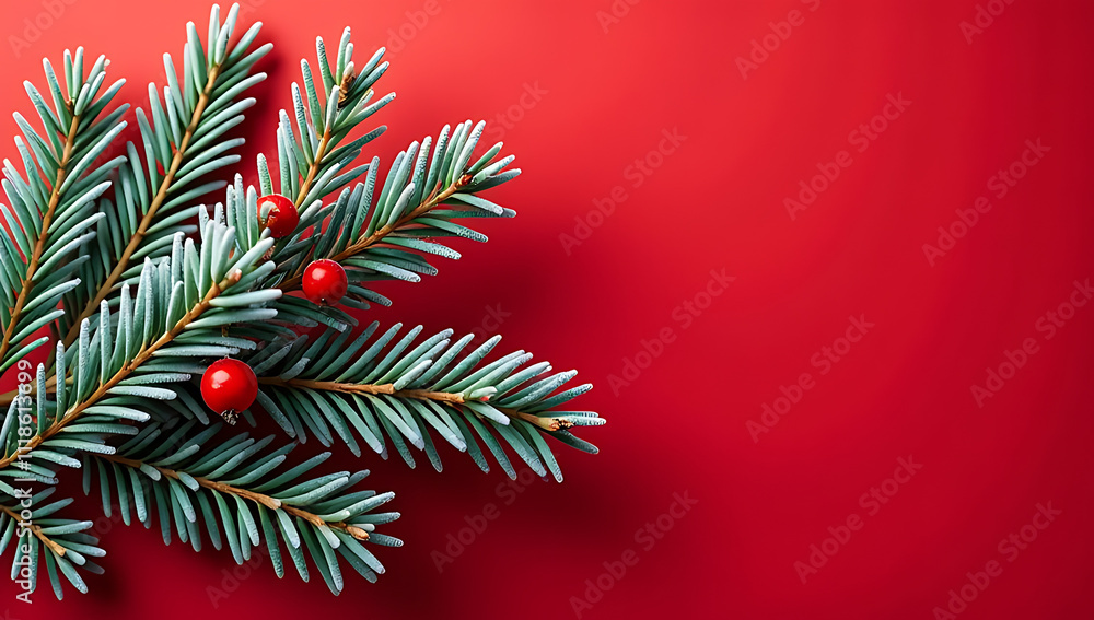 Poster pine branches covered in hoarfrost and mistletoe berries sit atop a vibrant red background with plen