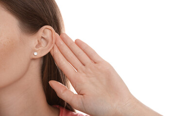 Woman showing hand to ear gesture on white background, closeup