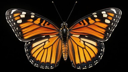 Fototapeta premium Close-up of a vibrant orange and black butterfly isolated on a black background, showcasing intricate wing details.