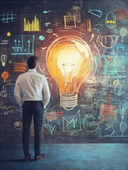 Illuminating Ideas: A thoughtful businessman stands before a chalkboard brimming with sketched graphs and a radiant light bulb.