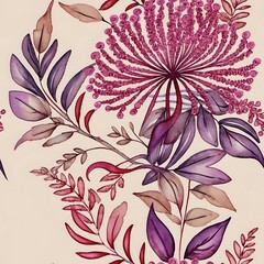 Pink and Purple Watercolor Floral Pattern: This intricate and elegant seamless pattern showcases a captivating blend of pink and purple watercolor flowers and foliage.