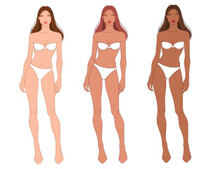 Eight-head fashion figure template. The female fashion croquis. Vector illustration of a young woman wearing lingerie, isolated on a white background.