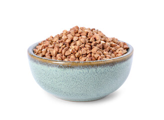 Raw buckwheat in bowl isolated on white