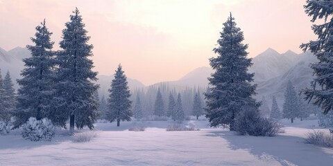 Fototapeta premium Peaceful winter landscape with snowy pines