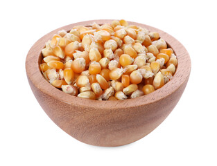 Fresh corn kernels in wooden bowl isolated on white