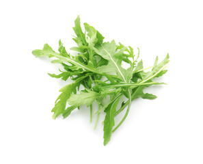 Fresh arugula leaves isolated on white, top view