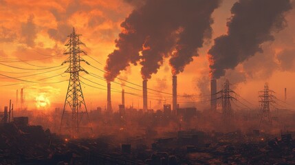 Fototapeta premium Polluted industrial landscape with smokestacks and trash