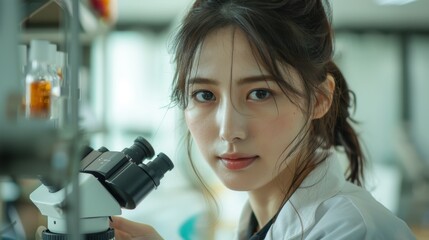 Fototapeta premium Asian female scientist analyzing petri dish samples under a microscope in a state-of-the-art pharmaceutical lab. Colleagues working on biotech research