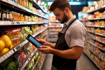 Young man scans products with tablet in a bustling grocery store aisle. Generative AI