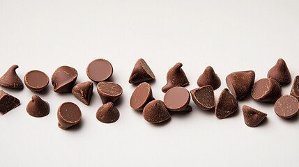 Chocolate morsels arranged on a white surface showcasing various shapes and sizes in a creative layout suitable for baking or snacking