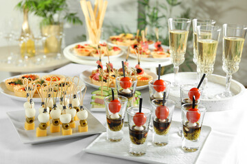 Many different tasty canapes and wine on white table