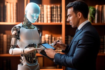 Innovative architect collaborates with humanoid robot in a modern library setting. Generative AI