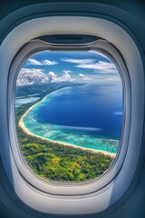 Naklejka premium Viewing a tropical coastline from an airplane window during a daytime flight over the ocean with vivid blue waters and lush green landscapes below