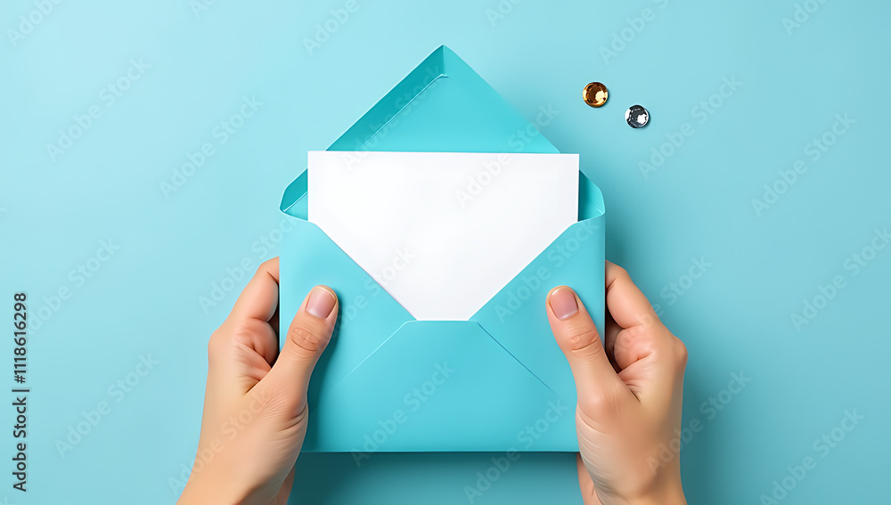 Poster hands hold open a blue envelope revealing a white card and sequins on a soft pastel blue background 