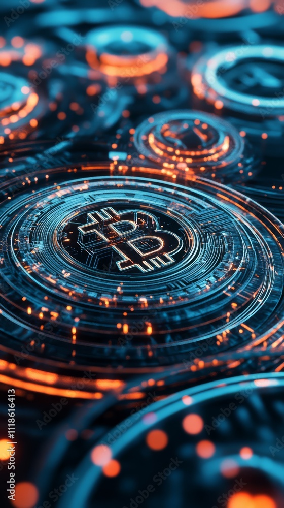 Aufkleber digital bitcoin: an intricately designed, futuristic image of a bitcoin symbol, glowing with an elec