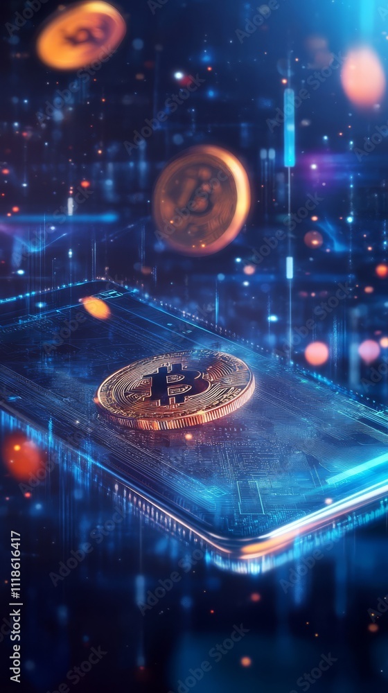 Poster cryptocurrency: digital world where bitcoin coins float around mobile phone in a futuristic scene. c